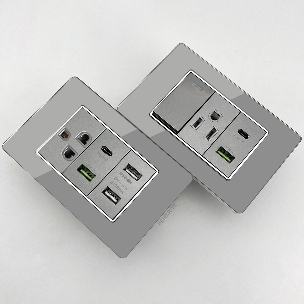 Smart Wall Socket - Grey Tempered Glass American USB Type-C